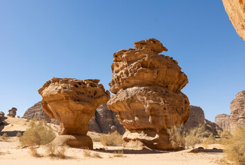 Natural outcrop rock formations in the Sharaan Nature Reserve in Al Ula, north west Saudi Arabia