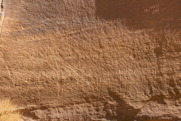 Ancient inscriptions at the Sharaan Nature Reserve in Al Ula, north west Saudi Arabia