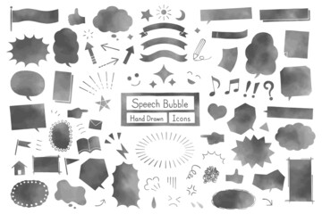 水彩風 手書き ふきだし セット 白黒