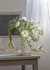 Bouquet of white petunias in a transparent vase on a chair by the window