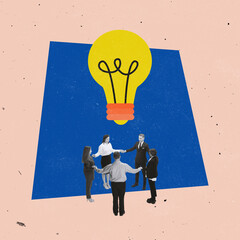 Contemporary art collage. Group of people, employees generating business ideas. Lightbulb...