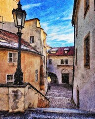Real painting modern artistic artwork Prague Czechia drawing in oil city center vintage houses and architecture, Europe travel, wall art print for canvas or paper poster, tourism production design