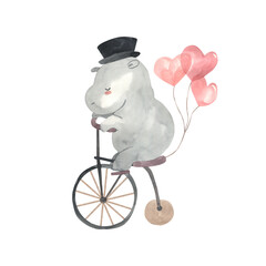 Watercolor hippo on bike with balloons. Cute illustration for kids