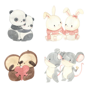 Watercolor panda, sloth, mouse and bunny. Cute illustration for Valentine's day