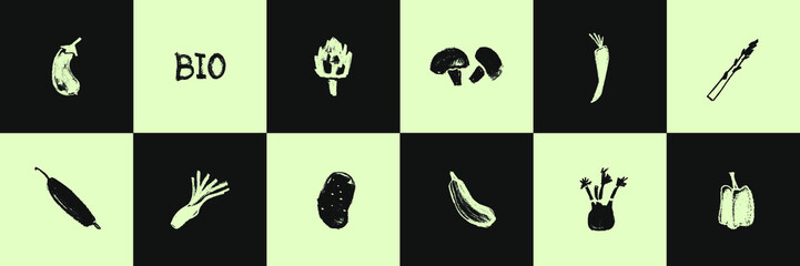 Vector vegetable icon set for organic food label, healthy eat packaging design. Black hand drawn mushroom symbol, potato icon, artichoke sign, celery Illustration, asparagus drawing, carrot insignia.