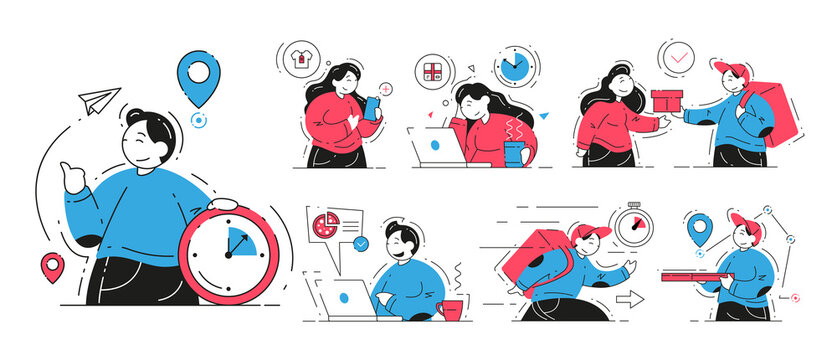 Set man woman enjoying online shopping at digital store and received order delivery vector flat illustration. Collection customers choosing goods at internet shop mobile application courier shipment