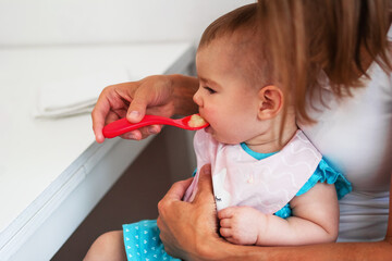 Mother feeding cute baby girl vegetable puree from a spoon. Healthy eating nutrition for little kids