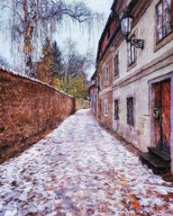 Real painting modern artistic artwork Prague Czechia drawing in oil city center vintage houses and architecture, Europe travel, wall art print for canvas or paper poster, tourism production design