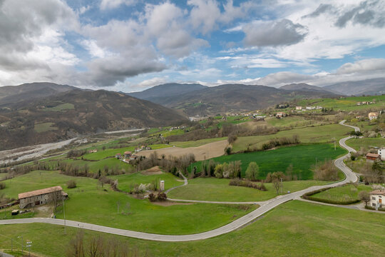 Panoramic view of the Ceno Valley from the Bardi Castle, Parma, Italy