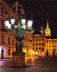 Fototapeta premium Real painting modern artistic artwork Prague Czechia drawing in oil city center vintage houses and architecture, Europe travel, wall art print for canvas or paper poster, tourism production design