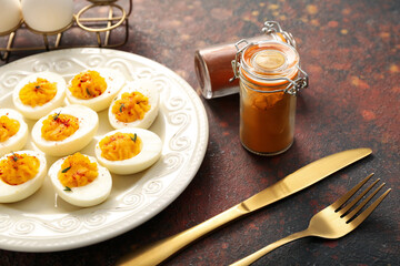 Plate with stuffed eggs, cutlery and spices on grunge background, closeup. Easter celebration