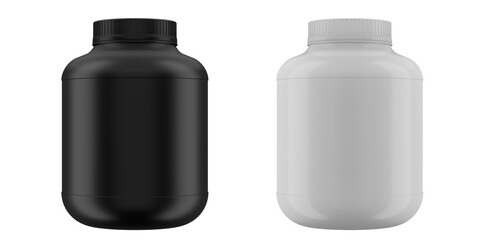 Black and white realistic plastic bottles of whey protein mockup isolated on white background. Sports nutrition, bodybuilding supplements