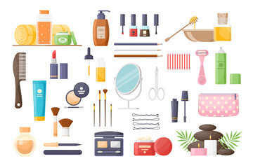 Collection feminine beauty body, face and hair care products vector flat illustration. Set organic natural cosmetics cream, lotion, serum, hairdressing accessories, decorative visage and spa relaxing