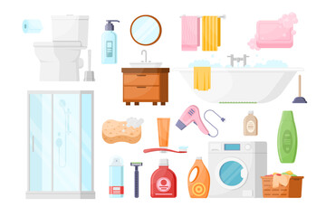 Collection hygiene domestic accessories daily routine personal cleaning body skin vector isometric illustration. Set bathroom, toilet, clothes laundry washing and shower equipment for hygienic care
