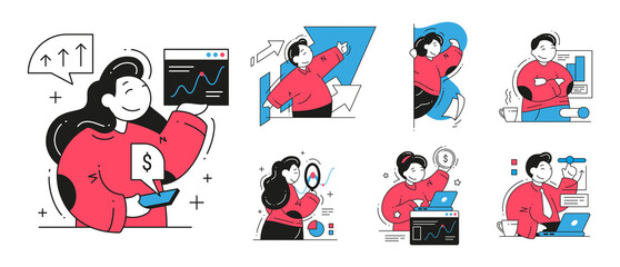 Fototapeta premium Set successful business man and woman analyzing profit financial balance, career increase, stress free work day vector flat illustration. Collection people office job routine use laptop and smartphone