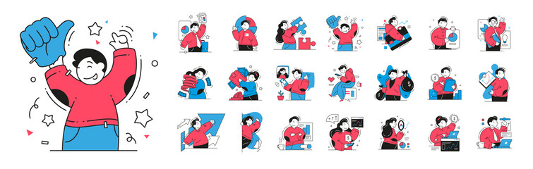 Successful business people celebrating financial independence corporate profit analyzing big set vector flat illustration. Rich man and woman solving problem, use digital devices, economy investment