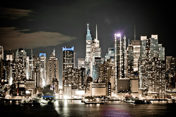 New York City uptown skyline sepia color night view