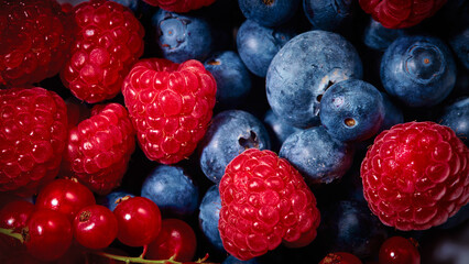 Top down close-up shot of fresh crop of Blueberries, raspberries and red currant.