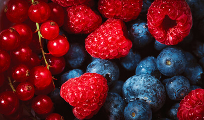 Colourful photo of various berries. Fresh fruits as natural source of vitamins.