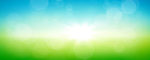 Wide view of fresh spring or summer abstract background with bokeh. Blue and green horizontal...