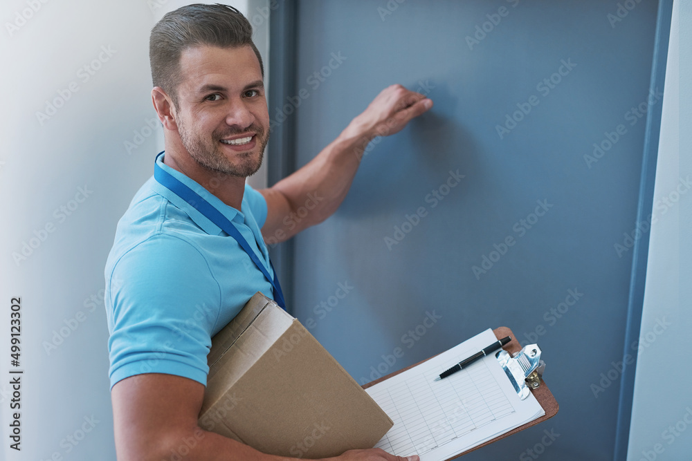 Poster he always delivers on time. portrait of a courier knocking on a door to make a delivery.