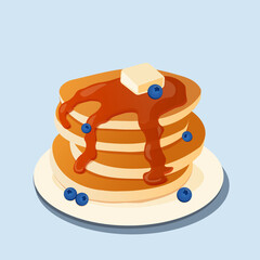 Pancakes with blueberries on the plate. Traditional sweet american breakfast with berries, creative food on blue background, Maple syrup flows at falling pancakes. Eps10 vector illustration.