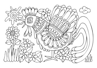 Coloring page of a rustic rooster crowing at dawn. Chicken bird. Farm animal. Hand drawn vector line art illustration. Coloring book for children and adults. Black and white sketch.