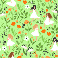 Seamless pattern with girls in white dresses in the meadow. Vector graphics.