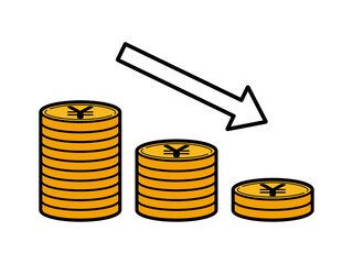 減少する積み重なった日本円のコインのイラスト