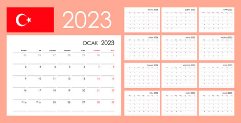 Calendar for 2023 year. An organizer and planner for every day. Week starts from Monday. 12 boards, months set. Wall layout. Clear template. Turkish language. - obrazy, fototapety, plakaty