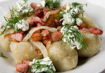 Dumplings with grilled meat and lard, cheese and herbs on a white dish.