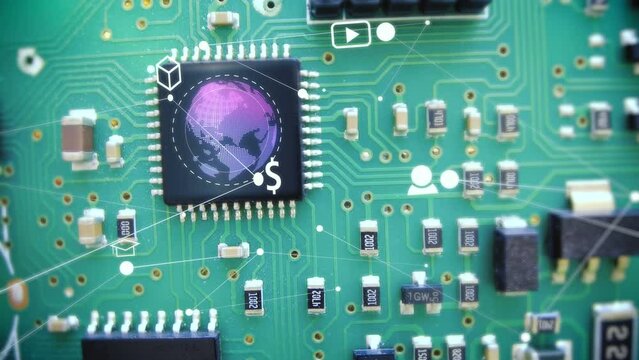 Technology chips on motherboard, computer AI motion graphics concept