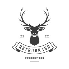 Retro hunting club with deer head vector logo. Black silhouette of vintage trophy with advertisement for elegant logotype. Lucky shooter wall decoration in elegant victorian style.