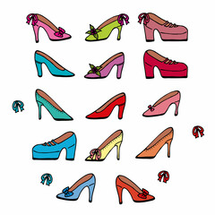 Set of different shoes on white background. Vector image.