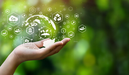 ESG icon concept. Environment, society and governance. Energy of natural gas sustainable and ethical business on network connection on green background. - obrazy, fototapety, plakaty