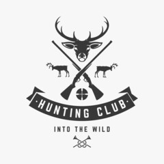 Hunters club with grazing deer logo vector. Moose silhouettes with crossed gunsand sight gambling and elite monochrome prey. Animal fueled tracking for adrenaline valuable trophies.