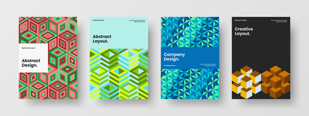 Obraz premium Amazing cover A4 vector design template composition. Simple mosaic hexagons front page concept bundle.