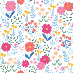 Vector seamless floral pattern. Endless pattern can be used for fabric, wallpaper, pattern fills, web page background, surface textures. Hand drawn flowers leaves and elements.