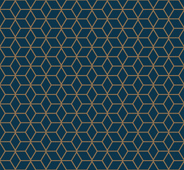 Art deco line art. Geometric star grid pattern in gold and blue color. Decorative seamless background.