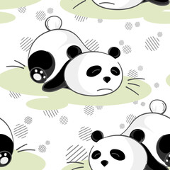Vector seamless pattern with little tired panda and decorative graphic elements on a white background. Flat simple illustration with outline. Cute animal icon. Sad character. Bear with closed eyes.