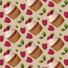 Cakes with raspberries and leaves seamless pattern with light background. Vector image of cupcakes, muffins. Illustration for packaging, wrapping paper, confectionery, gifts, textile.