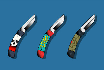 Pocket knives decorated with snake skull and geometric pattern