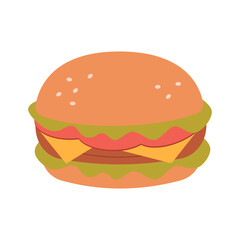 Hamburger with bun bread, cheese, sauce and meat. Fast food icon. Vector illustration in cartoon flat style.