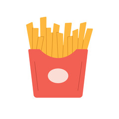 French fries packed in paper package. Fried potato sticks isolated  on white background.Fast food. Vector illustration cartoon flat style.