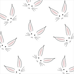 Happy Easter, decorated easter card, banner. Bunnies, Easter eggs, flowers and basket. Folk style patterned design.	
