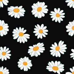 Floral seamless pattern on black background. Chamomile design for fabrics.