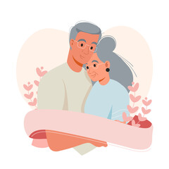 Elderly couple hugging each other and holding hands. Senior man and woman stand together and embrace with love and care. Concept of medical insurance and help to mature people. Vector illustration.