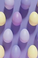 3d render of pastel colored violet, purple and yellow Easter eggs pattern on a violet background
