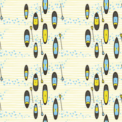 Seamless pattern of SUP board Stand Up Paddle Boarding vector illustration with Surf elements, waves in flat minimalist design style in blue and yellow colors on a white background.