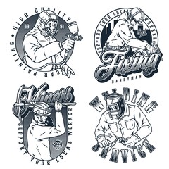 Vintage badges set with workers in protective wear